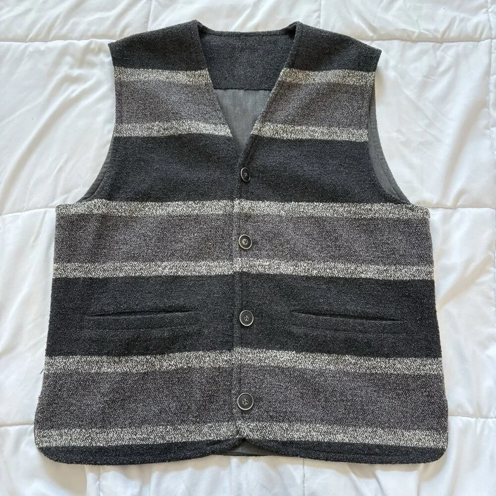 Vintage Mens Wool Blend Button Up Vest Black Gray Striped 90s Y2K Grunge Skater